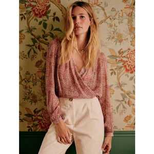 Sezane Abelia Wrap Cross-Over Blouse Burgundy Mosaic Print Medium